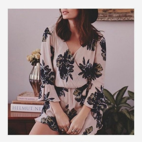 Free People Floral Wrap Romper - Navy and Cream - Picture 3 of 11